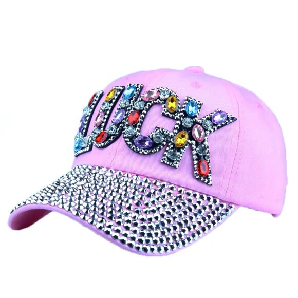 Women Adjustable Diamond Letter LUCK Outdoor Sunshade Hat Sunscreen Baseball Cap - Picture 5 of 9